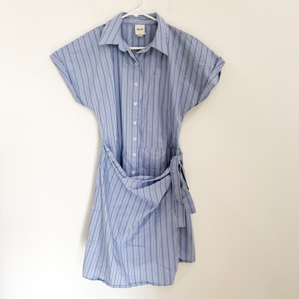 Maeve Anthropologie Button Front Wrap Mini Shirt Pinstripe Dress Preppy S - Picture 6 of 9